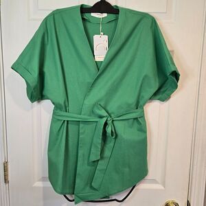 Commense Short Sleeve Linen Blend Tie-Waist Wrap Top Size Small Kelly‎ Green NWT
